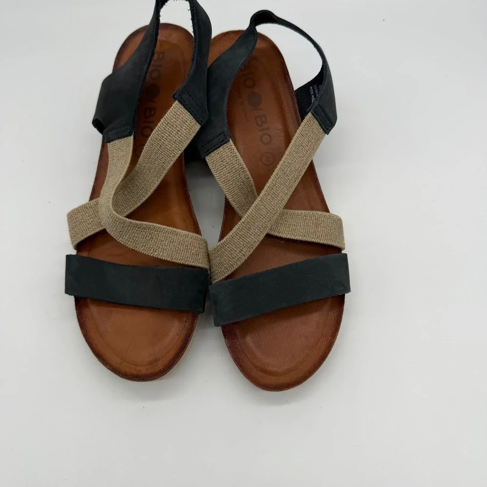 Bio Bio Leather Fabric Wedge Sandals Black Tan Strappy Cork 8 BIO 201-77634